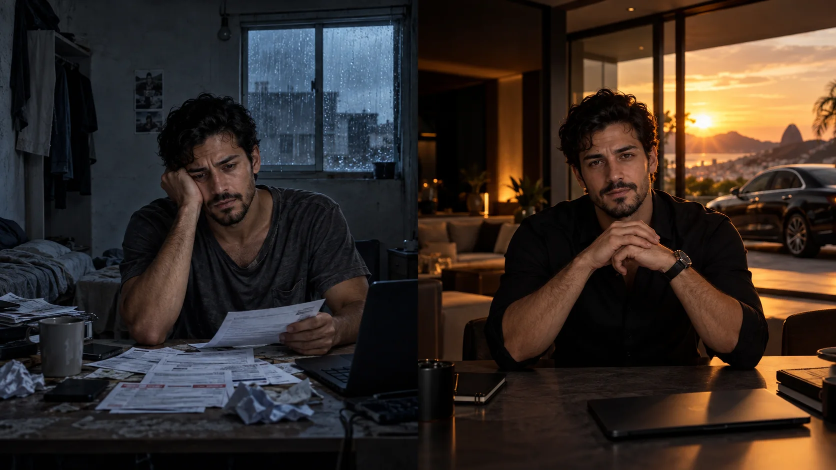 Representação conceitual do mesmo homem antes e depois de reconstruir sua rotina